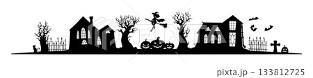 Halloween scary haunted house, vampire old mansion silhouette. Horror scary haunted home, Halloween spooky mansion vector silhouette with witch flying on boom, dead trees, pumpkins and cemetery graves Halloween scary haunted house, vampire old mansion silhouette. Horror scary haunted home, Halloween spooky mansion vector silhouette with witch flying on boom, dead trees, pumpkins and cemetery graves 133812725