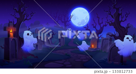 Cartoon Halloween graveyard cemetery with cute vector translucent ghosts drifting among crooked tombstones and stone crosses, tangled tree trunks border the scene, pebble path curves through the mist Cartoon Halloween graveyard cemetery with cute vector translucent ghosts drifting among crooked tombstones and stone crosses, tangled tree trunks border the scene, pebble path curves through the mist 133812733