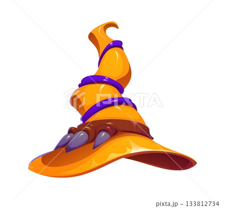 Cartoon Halloween witch, wizard and sorcerer hat. Orange witch headwear with twisted, curved top wrapped in shiny purple bands, with sharp dark claws gripping the fabric. Vector Halloween party hat Cartoon Halloween witch, wizard and sorcerer hat. Orange witch headwear with twisted, curved top wrapped in shiny purple bands, with sharp dark claws gripping the fabric. Vector Halloween party hat 133812734