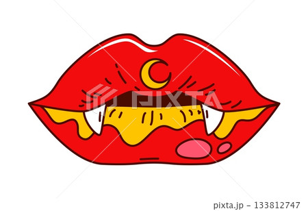 Groovy Halloween red vampire lips with sharp fangs and yellow moon. Vector funky cartoon mouth for scary and cute character for retro Halloween party. Woman red lips with evil fangs and scary smile Groovy Halloween red vampire lips with sharp fangs and yellow moon. Vector funky cartoon mouth for scary and cute character for retro Halloween party. Woman red lips with evil fangs and scary smile 133812747