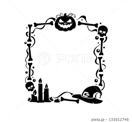 Halloween scary frame with spooky pumpkin, witch hat and candles. Scary vector border with skeleton skulls and bones for Halloween holiday greeting card 133812748