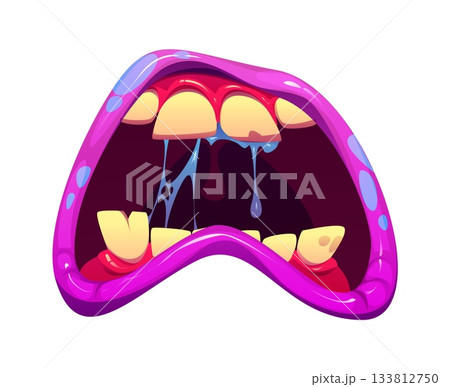 Cartoon Halloween monster jaw with wide open screaming mouth and crooked fangs. Pink glossy lips and slimy drool dripping from sharp teeth. Vector decorations for Halloween holiday party 133812750