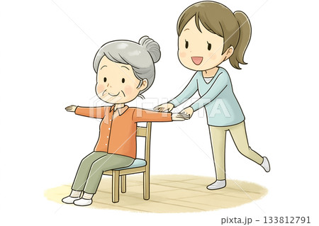 絵本調・介護士が椅子体操をサポートする高齢者向けストレッチ教材イラスト 133812791