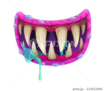 Cartoon monster mouth with dripping slime and pink lips. Vector wide, open mouth with long fangs, irregular teeth, purple inner mouth, and blue-green drool for Halloween holiday mask Cartoon monster mouth with dripping slime and pink lips. Vector wide, open mouth with long fangs, irregular teeth, purple inner mouth, and blue-green drool for Halloween holiday mask 133812800