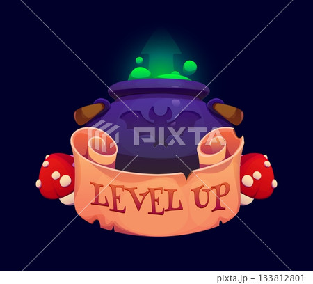 Halloween level up rank, scary game badge of cauldron with glowing green bubbles, bat and upward arrow. Cartoon vector icon with parchment scroll with level up lettering surrounded by agaric mushrooms 133812801