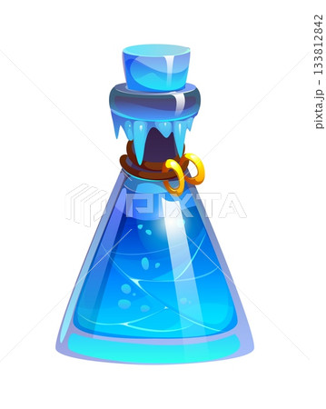Cartoon magic potion vector bottle filled with glowing blue drink and sealed with icy stopper. Frost and icicles form around the neck, two golden rings hang from a brown strap. Witch potion bottle Cartoon magic potion vector bottle filled with glowing blue drink and sealed with icy stopper. Frost and icicles form around the neck, two golden rings hang from a brown strap. Witch potion bottle 133812842