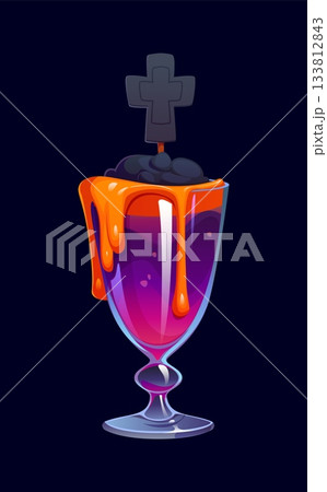 Spooky Halloween holiday party vector cocktail drink glass goblet filled with purple and orange liquid decorated with a grave cross tombstone. Halloween party, bar menu, funny recipe holiday cocktail 133812843