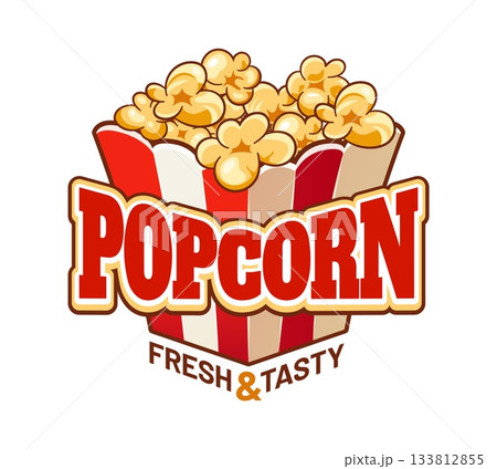 Cinema popcorn fresh sweetcorn icon or patch. Sweet dessert emblem, party crunchy meal vector label. Movie salty sweetcorn cartoon icon or badge with square bucket of fresh popcorn and red typography 133812855