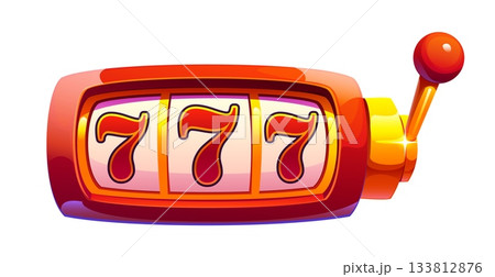 Cartoon casino and gambling game slot machine showing a winning combination of three red sevens 777. Isolated vector gamble spin machine with pulled lever, symbol of luck, rewards and casino nightlife 133812876