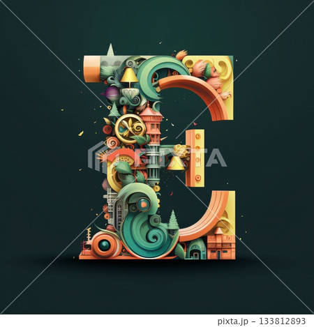 Vector letter E with cartoon buildings and landmarks. 3D illustration. 133812893