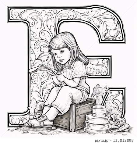 English alphabet, letter E with a little girl playing the guitar. English alphabet, letter E with a little girl playing the guitar. 133812899