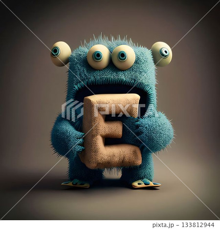 Funny monster with letter E, 3d render, square image 133812944