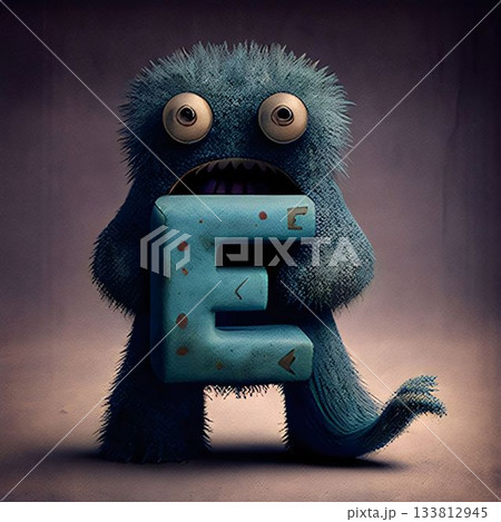 Funny cartoon monster with a letter E on a dark background. 133812945