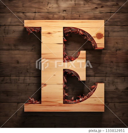 Wooden alphabet with fire and flames, letter E on wooden background 133812951