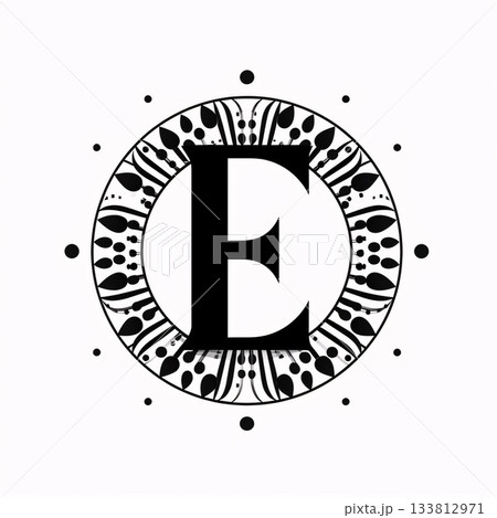 Black and white monogram. Letter E in the center of the circle. Black and white monogram. Letter E in the center of the circle. 133812971