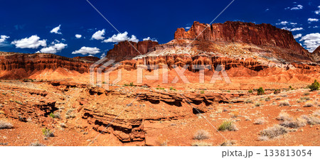 Panoramic view of the massive red and white cliffs of the Waterpocket Fold. Photographed from Utah State Route 24 in Capitol Reef National Park under a deep blue sky 133813054