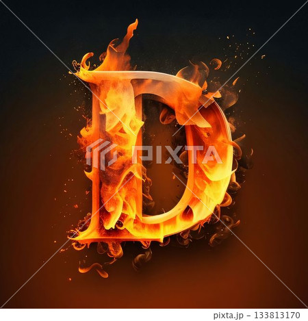 Letter D in fire, isolated on black background, 3d render 133813170