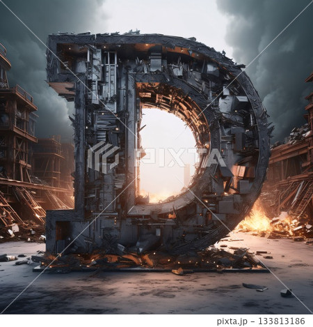 3d rendering of an old rusty metal letter D in a factory 133813186