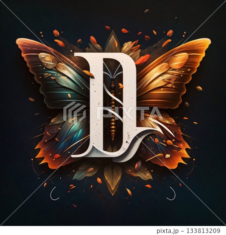 Elegant letter D with butterfly wings and leaves on dark background. 133813209