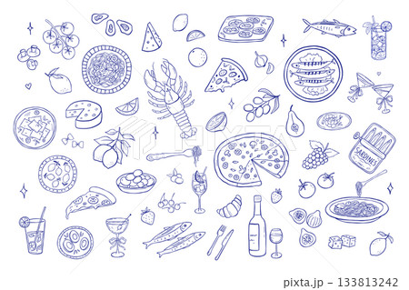 Mediterranean food doodles collection with strawberry, ravioli, salmon and vegetables line set. Vintage sketch summer elements perfect for menu or beach party designs. Dinner dish on plate and drink Mediterranean food doodles collection with strawberry, ravioli, salmon and vegetables line set. Vintage sketch summer elements perfect for menu or beach party designs. Dinner dish on plate and drink 133813242