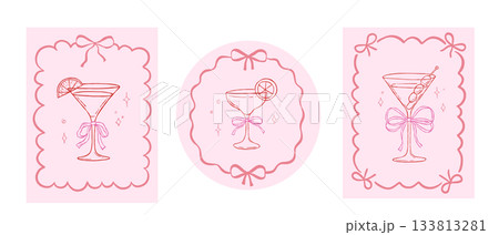 Whimsical drinks in pink round and rectangular frames set, coquette cocktail glass with cute bow, vector hand drawn illustrations collection 133813281