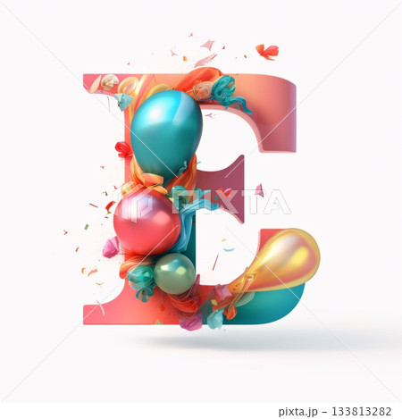 Elegant 3d letter E filled with colorful balloons and flowers 133813282