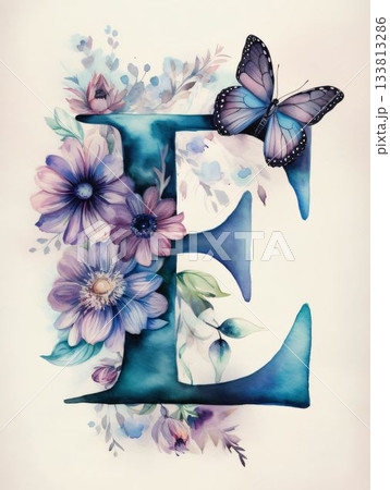 Hand drawn letter E with flowers and butterfly. Can be used as a greeting card Hand drawn letter E with flowers and butterfly. Can be used as a greeting card 133813286