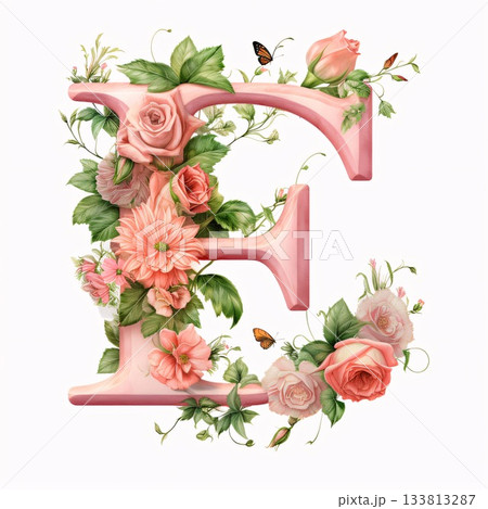 Floral capital letter E with pink roses, leaves and butterflies. Floral capital letter E with pink roses, leaves and butterflies. 133813287
