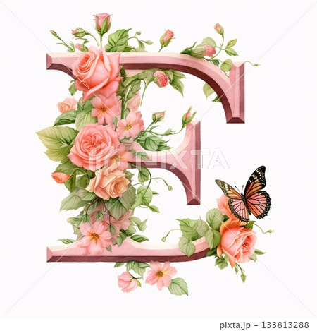 Letter E with flowers and butterfly, isolated on white background. Vector illustration. Letter E with flowers and butterfly, isolated on white background. Vector illustration. 133813288