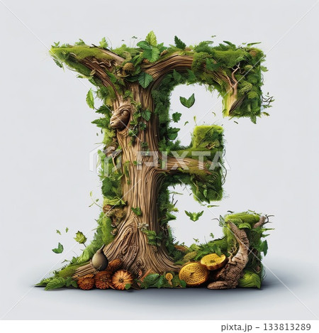 Green eco font with leaves and fruits. Letter E. 3D rendering Green eco font with leaves and fruits. Letter E. 3D rendering 133813289