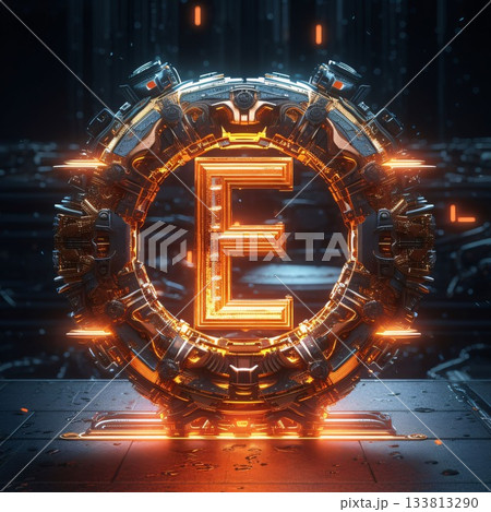 Futuristic glowing letter E on futuristic background. 3D rendering Futuristic glowing letter E on futuristic background. 3D rendering 133813290