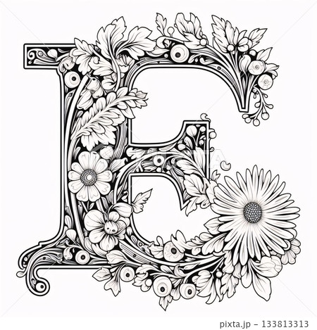 letter E in the Gothic style with flowers and leaves, vector illustration 133813313