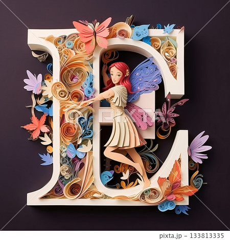 Beautiful girl in the form of letters with flowers and butterflies. letter E 133813335