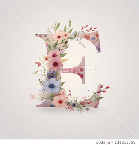 Floral alphabet, letter E with watercolor flowers and leaves. 133813359