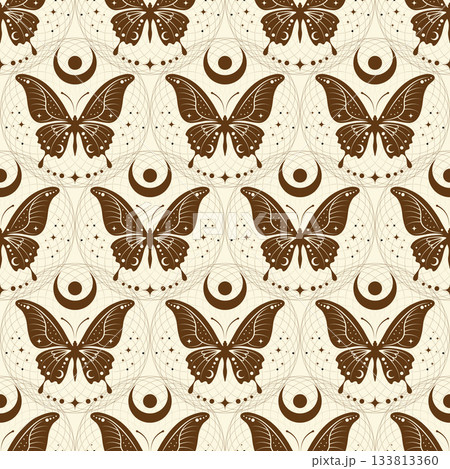 mystical seamless pattern background, butterfly and celestial crescent moon symbol, Sacred wallpaper pagan wiccan design. Esoteric vintage texture in boho style, spiritual moth ethnic illustration 133813360