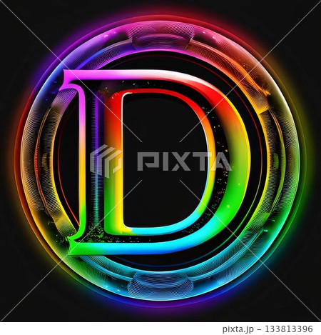 Colorful neon letter D on a black background. Vector illustration. 133813396