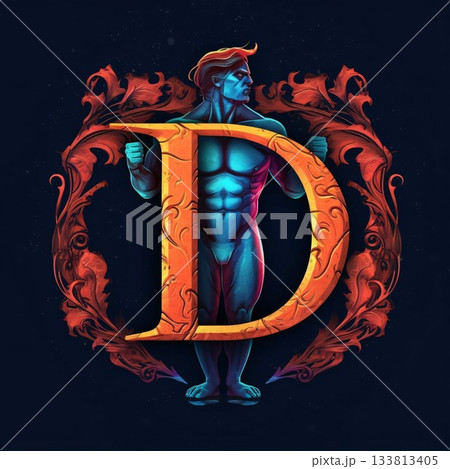 Bodybuilder with the letter D in his hand. 3D rendering. 133813405
