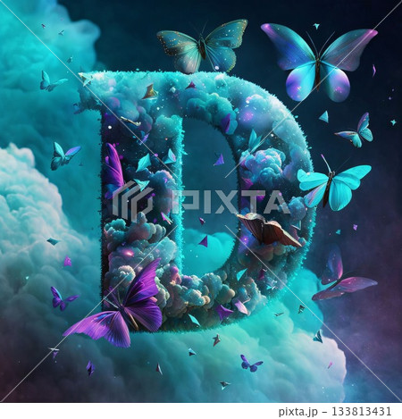 Letter D made of butterflies and clouds. 3D illustration. Square. Letter D made of butterflies and clouds. 3D illustration. Square. 133813431