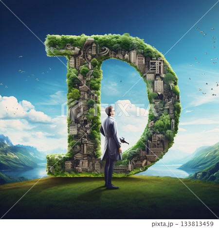 Businessman standing on the green grass and looking at the big letter D 133813459