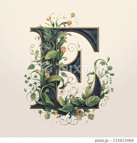 Vintage floral capital letter E with flowers and leaves in retro style Vintage floral capital letter E with flowers and leaves in retro style 133813469