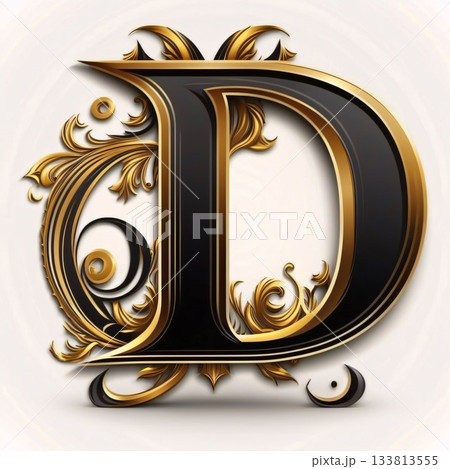Vector capital letter D with ornate elements in gold and black. 133813555