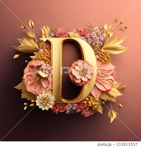 Gold letter D decorated with flowers and leaves. 3D illustration. 133813557