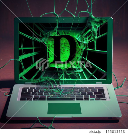 3d rendering of a virus attack on a laptop screen. Computer virus attack concept letter D 133813558