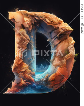Fantasy letter D made of cracked earth and water. 3D rendering 133813561