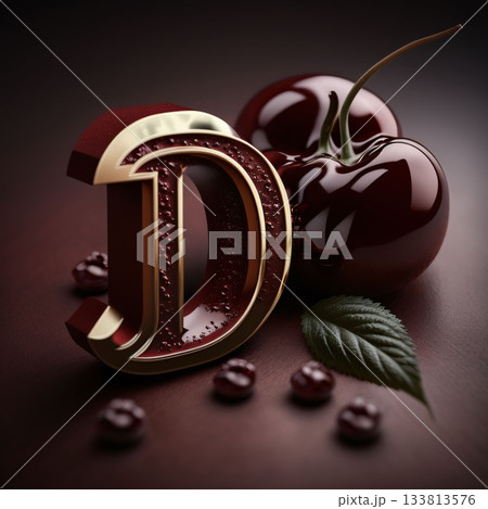 Chocolate letter D with cherries on a dark background. 3d render Chocolate letter D with cherries on a dark background. 3d render 133813576