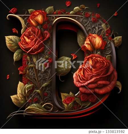 Letter D in the Gothic style with roses. 3D illustration. 133813592
