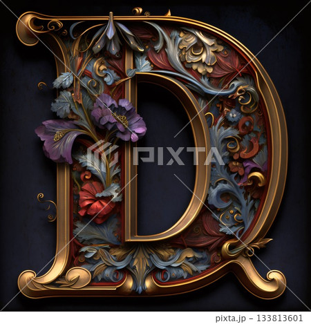 Luxury vintage letter D with floral ornament. 3D render 133813601