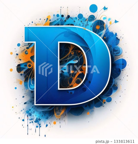 Blue letter D on a white background with abstract grunge elements. 133813611