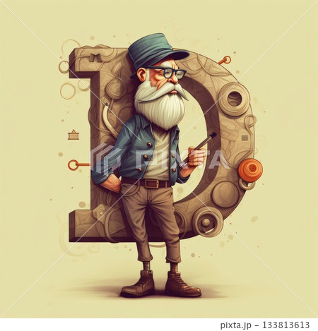 Retro style hipster man with mustache and beard holding a pipe letter D 133813613