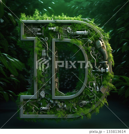 Mechanical alphabet made of green leaves. Letter D. 3D rendering 133813614